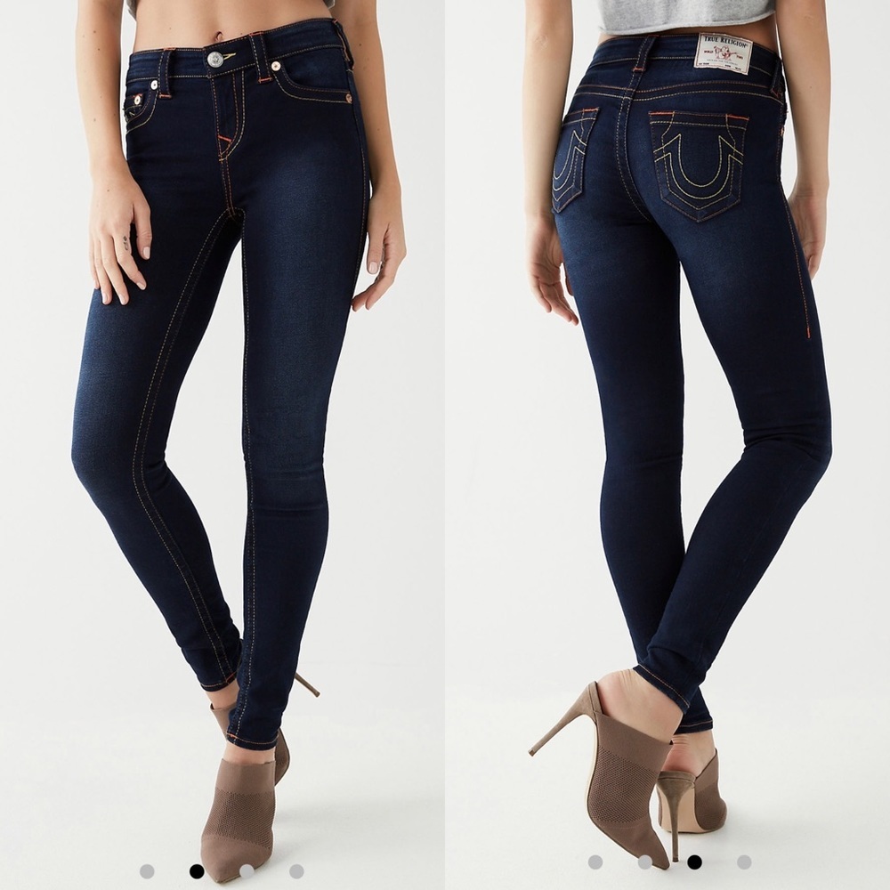 NEW TRUE Religion HALLE MID RISE SUPER SKINNY Dark Blue Denim JEAN